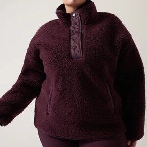 NWT! Athleta $149 Burgundy Cozy Sherpa Quarter-Snap Pullover Sweatshirt Jacket L